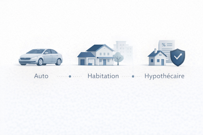 Trois pictogrammes alignés sur fond clair : une voiture berline identifiée « Auto », une maison avec garage devant des immeubles identifiée « Habitation », et une petite maison accompagnée d’un document de prêt et d’un bouclier coché identifiée « Hypothécaire ».