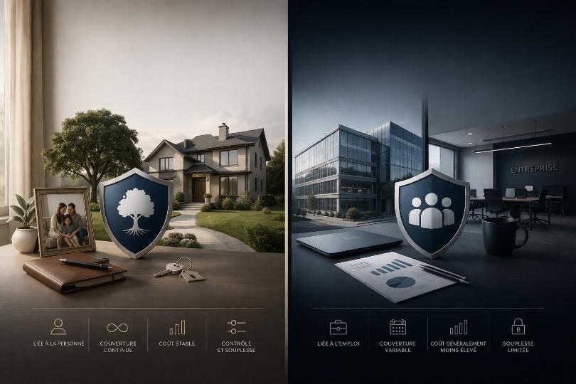 Maison familiale avec photo de famille et clés d’un côté, immeuble de bureaux de l’autre, chacun près d’un bouclier : comparaison entre une protection liée à la personne et une couverture liée à l’emploi.