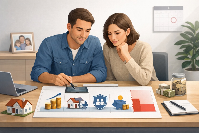 Un couple assis à une table examine son budget familial sur un grand tableau illustré (revenus, maison et dépenses, protection de la famille, épargne et un écart en rouge), entouré d’une tablette, d’un ordinateur portable, d’une maquette de maison et d’un pot de pièces.