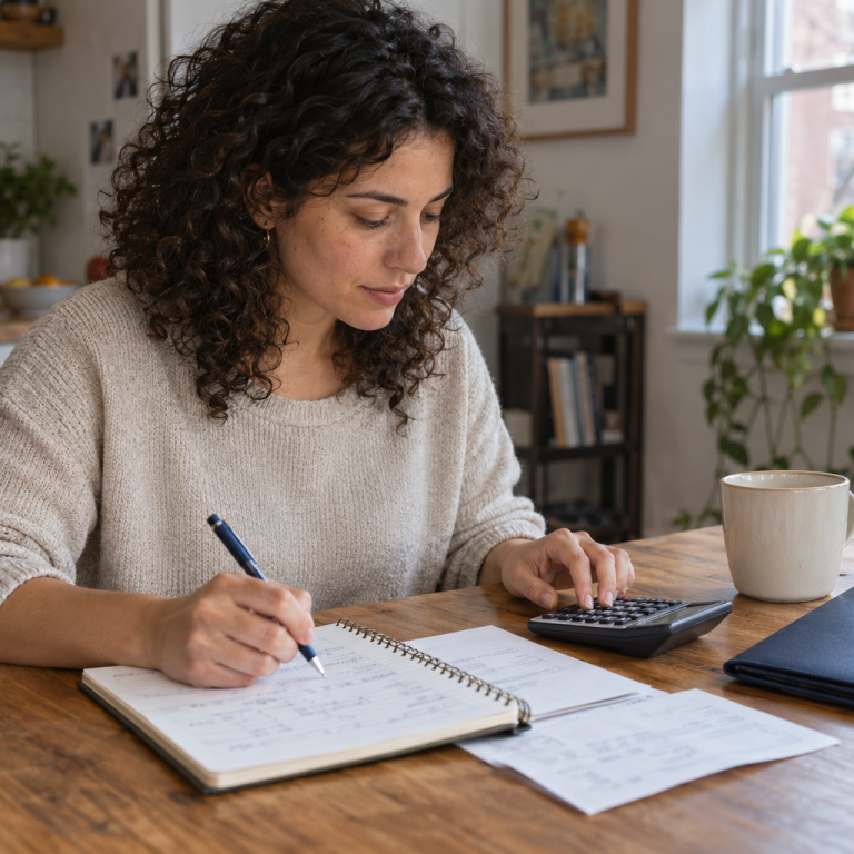Une personne prépare son budget à la table de la cuisine, avec un carnet et une calculatrice.