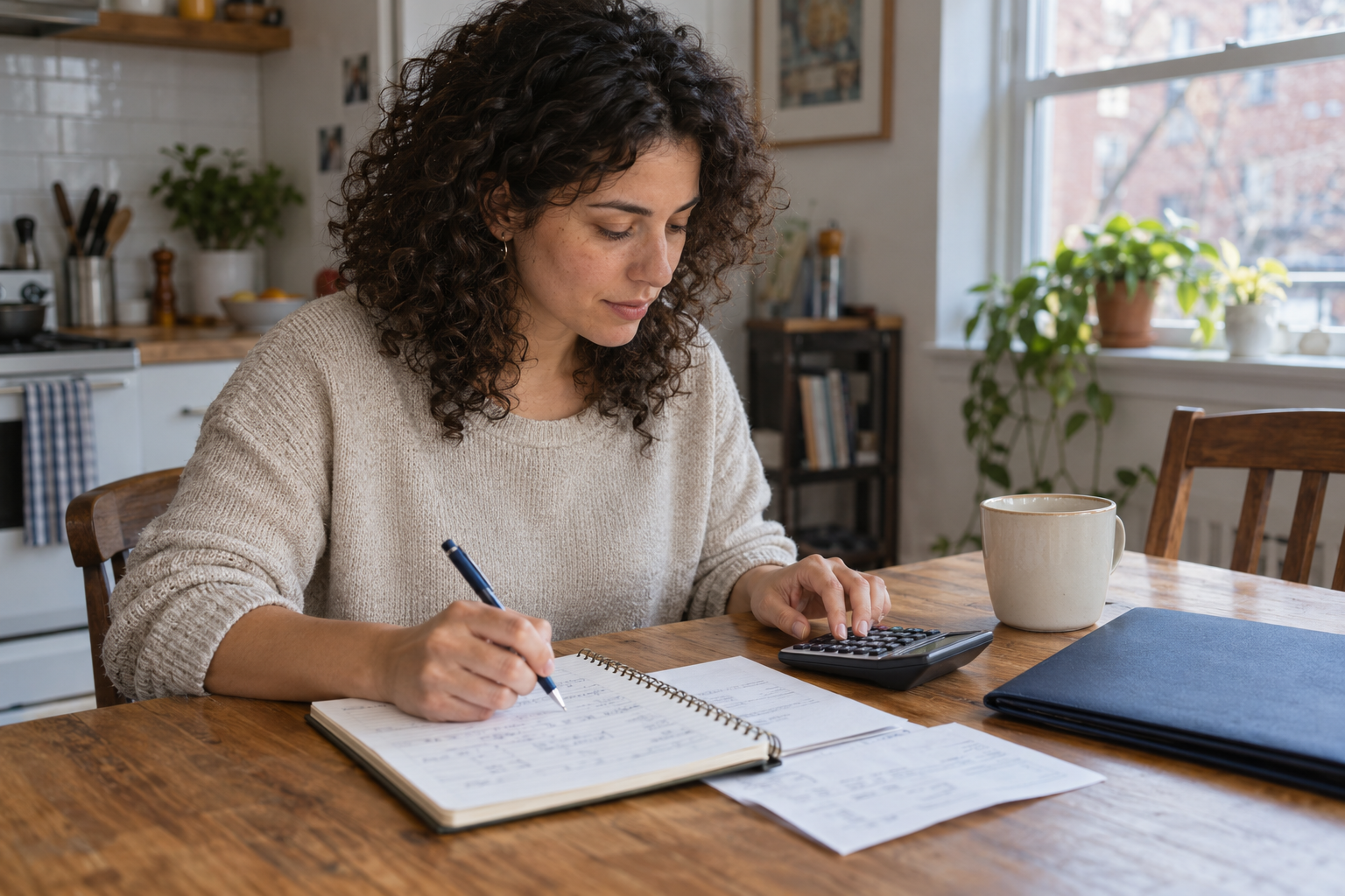 Une personne prépare son budget à la table de la cuisine, avec un carnet et une calculatrice.