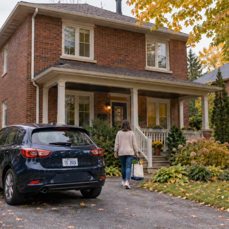 Une personne revient à sa maison en briques avec un sac, près de sa voiture stationnée dans l’entrée.