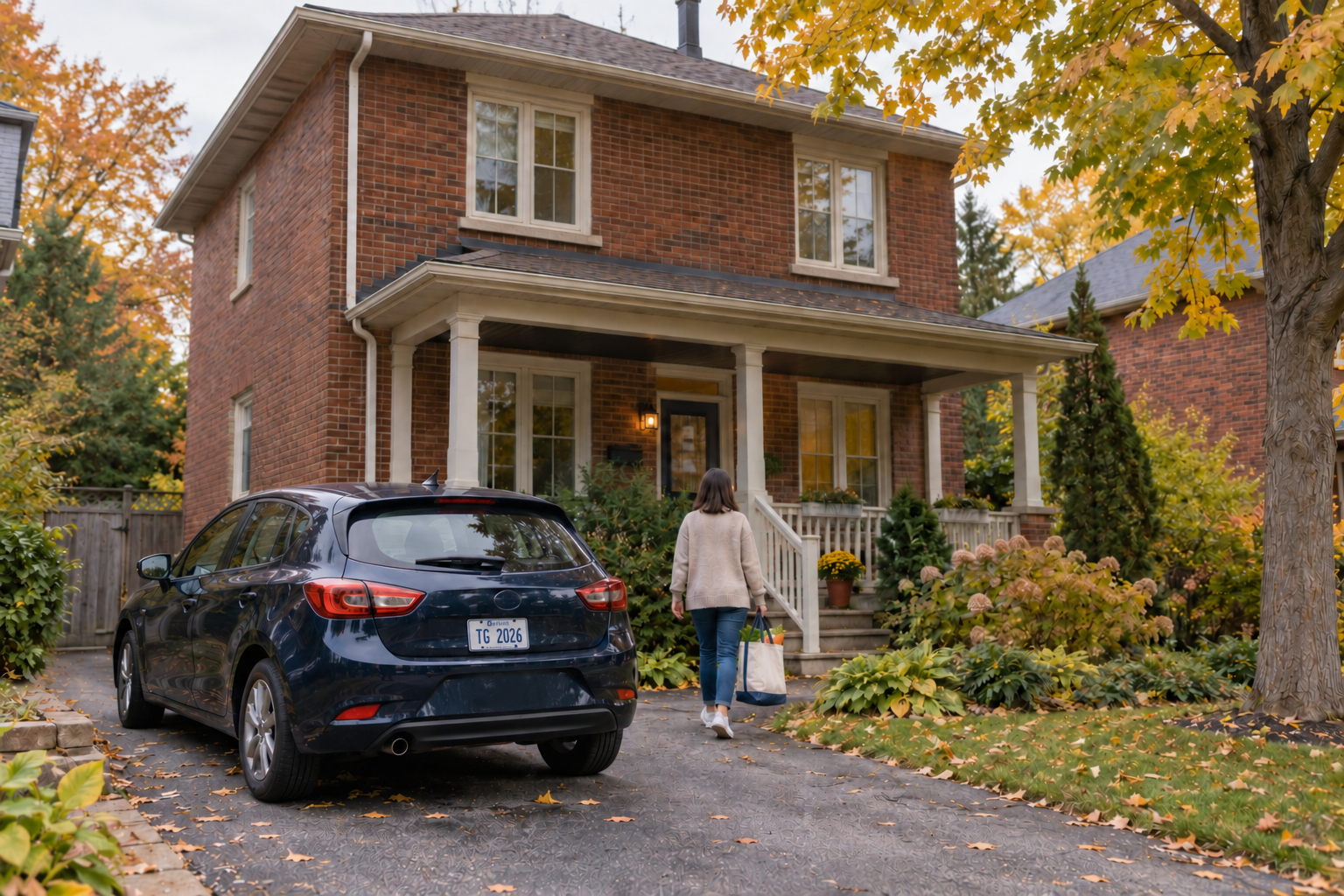 Une personne revient à sa maison en briques avec un sac, près de sa voiture stationnée dans l’entrée.