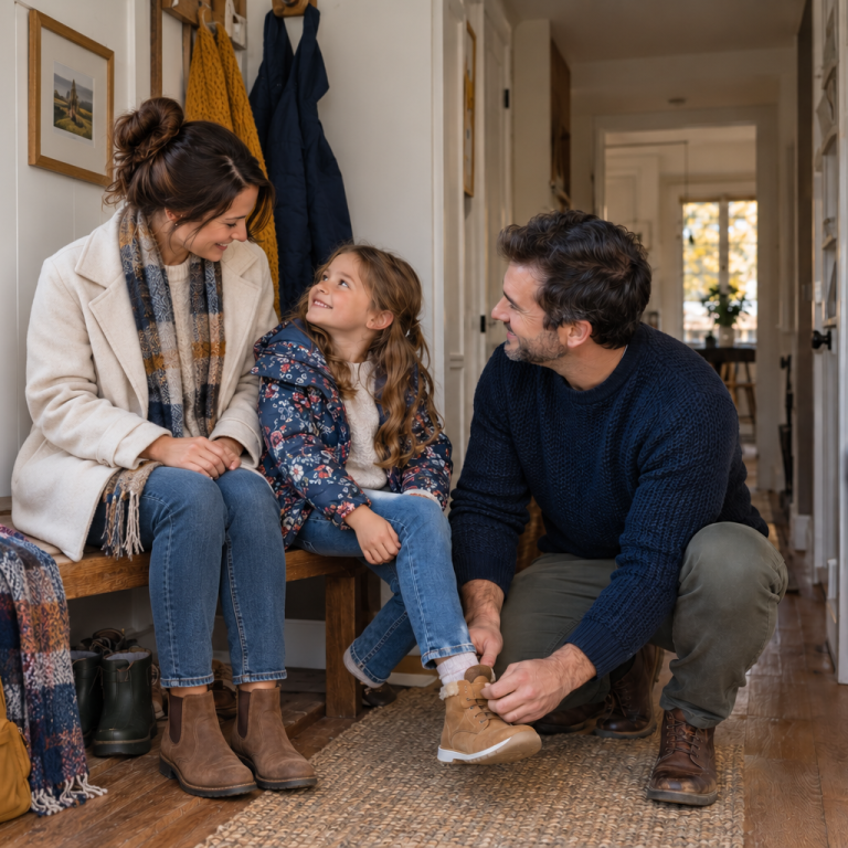 Une mère assise près de sa fille dans l’entrée de la maison, pendant que le père aide l’enfant à enfiler sa botte.