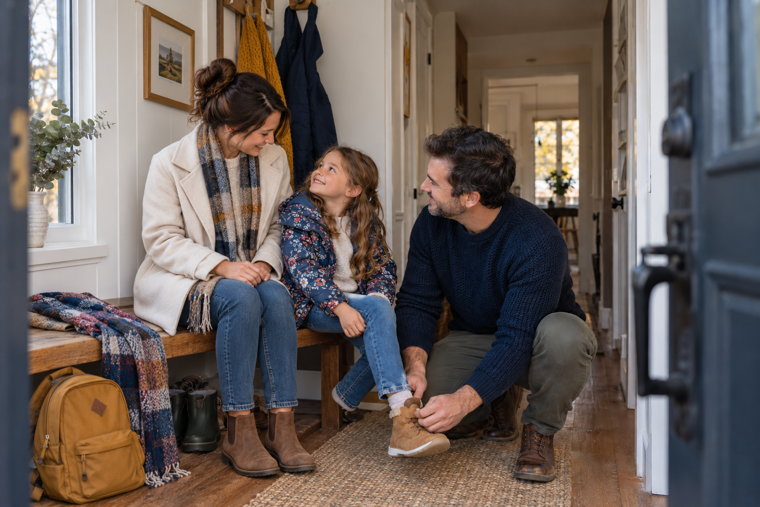 Une mère assise près de sa fille dans l’entrée de la maison, pendant que le père aide l’enfant à enfiler sa botte.