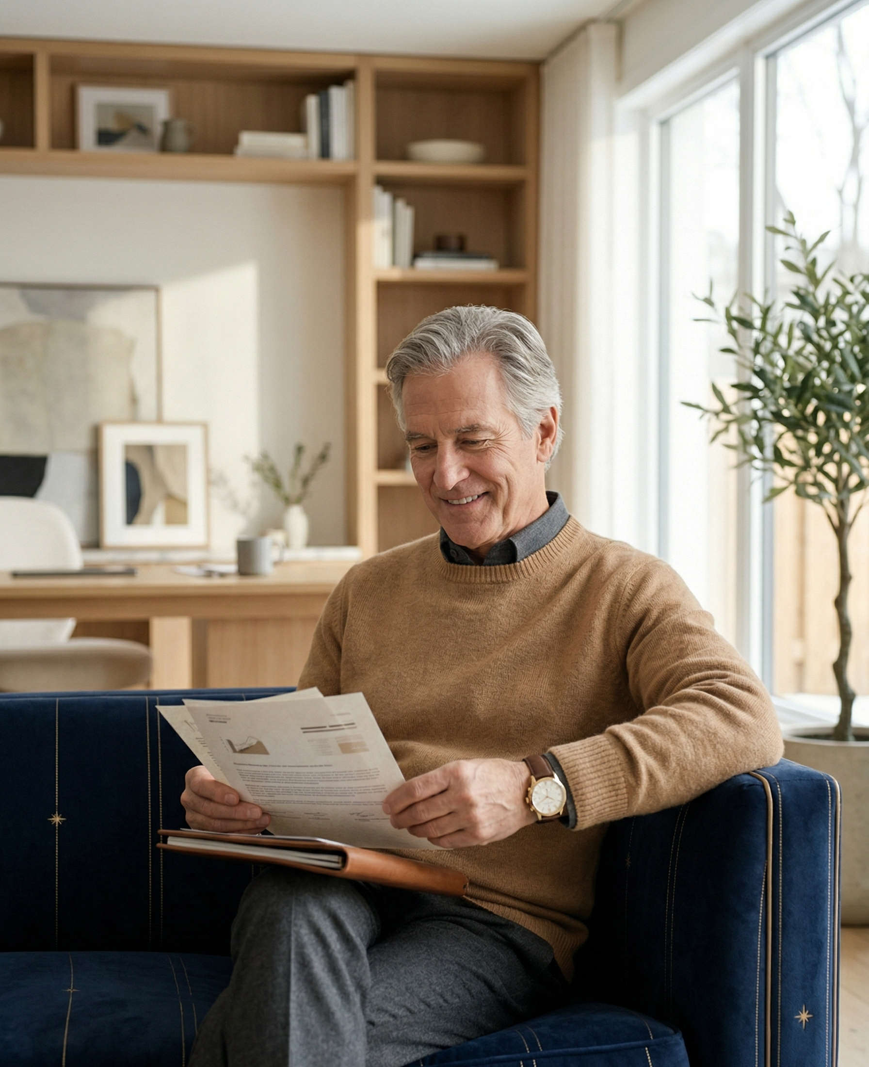 Un homme consulte ses documents dans son salon.